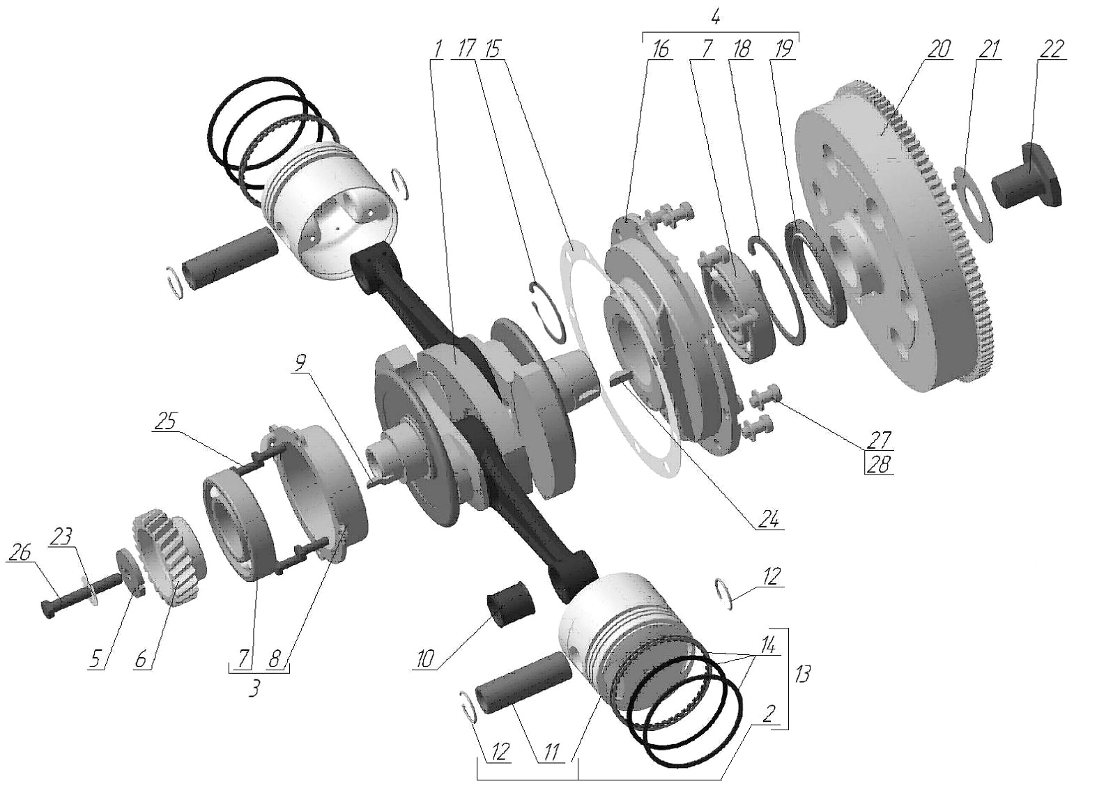 Crankshaft with conrods and pistons