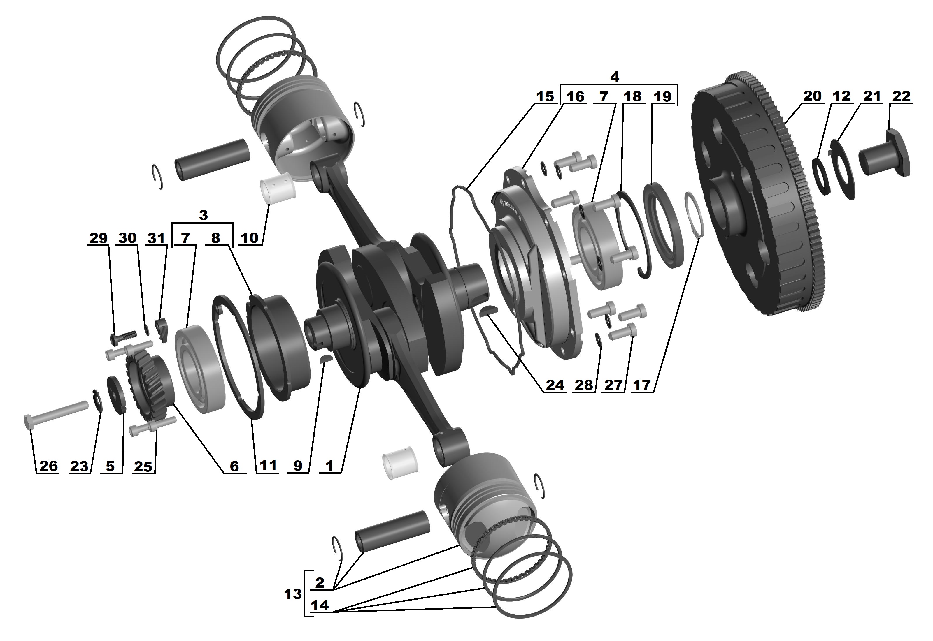Crankshaft with conrods and pistons