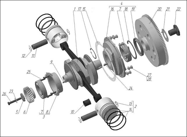 Crankshaft with conrods and pistons